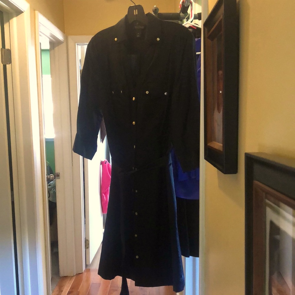White House Black Market black satin shirt dress with tie belt and 3/4 sleeves.